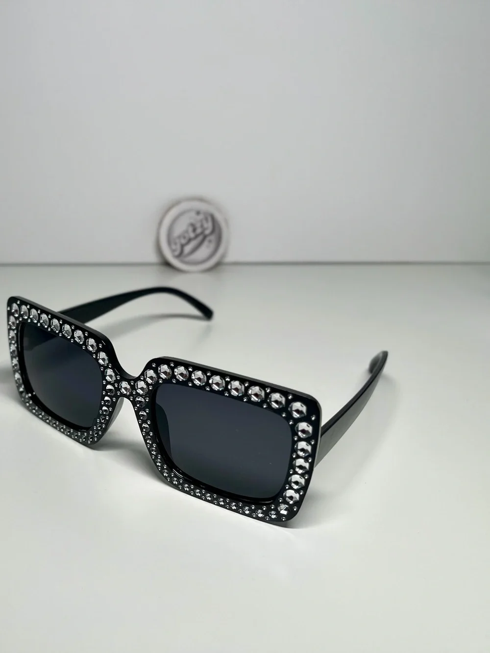 Crystal-Embellished Black Square Sunglasses